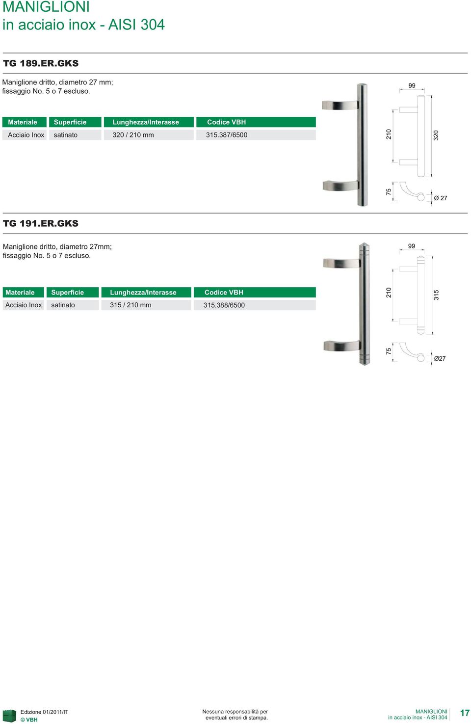 387/6500 TG 191.ER.GKS Maniglione dritto, diametro 27mm; fissaggio No. 5 o 7 escluso.