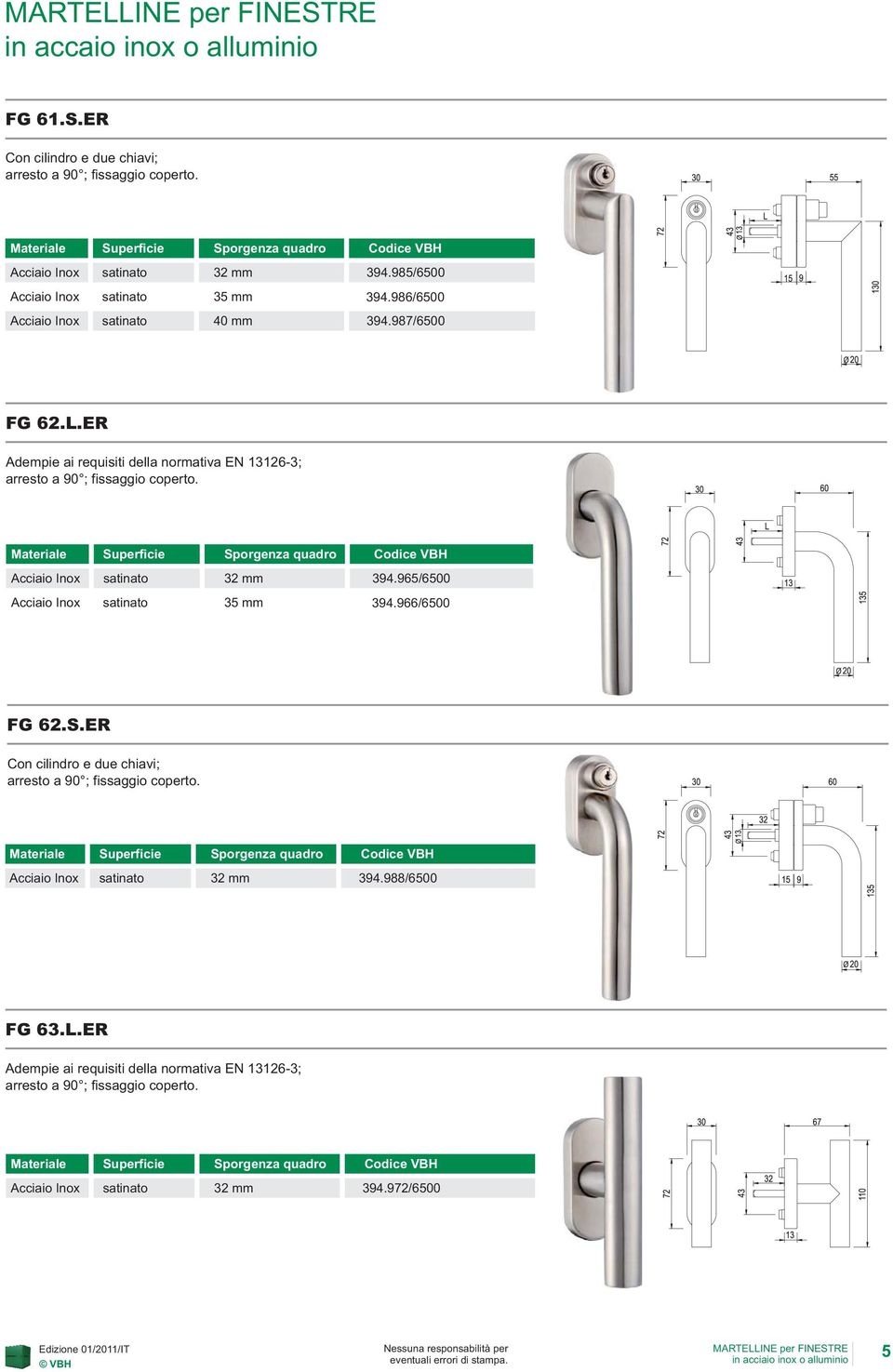 Materiale Superficie Sporgenza quadro Acciaio Inox satinato 32 mm 394.965/6500 Acciaio Inox satinato 35 mm 394.966/6500 FG 62.S.ER Con cilindro e due chiavi; arresto a 90 ; fissaggio coperto.