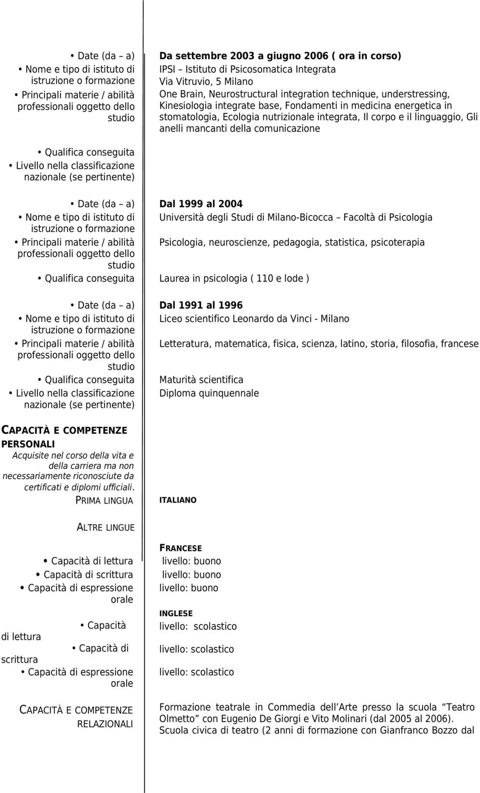 anelli mancanti della comunicazione Qualifica conseguita Livello nella classificazione Date (da a) Dal 1999 al 2004 Nome e tipo di istituto di Università degli Studi di Milano-Bicocca Facoltà di