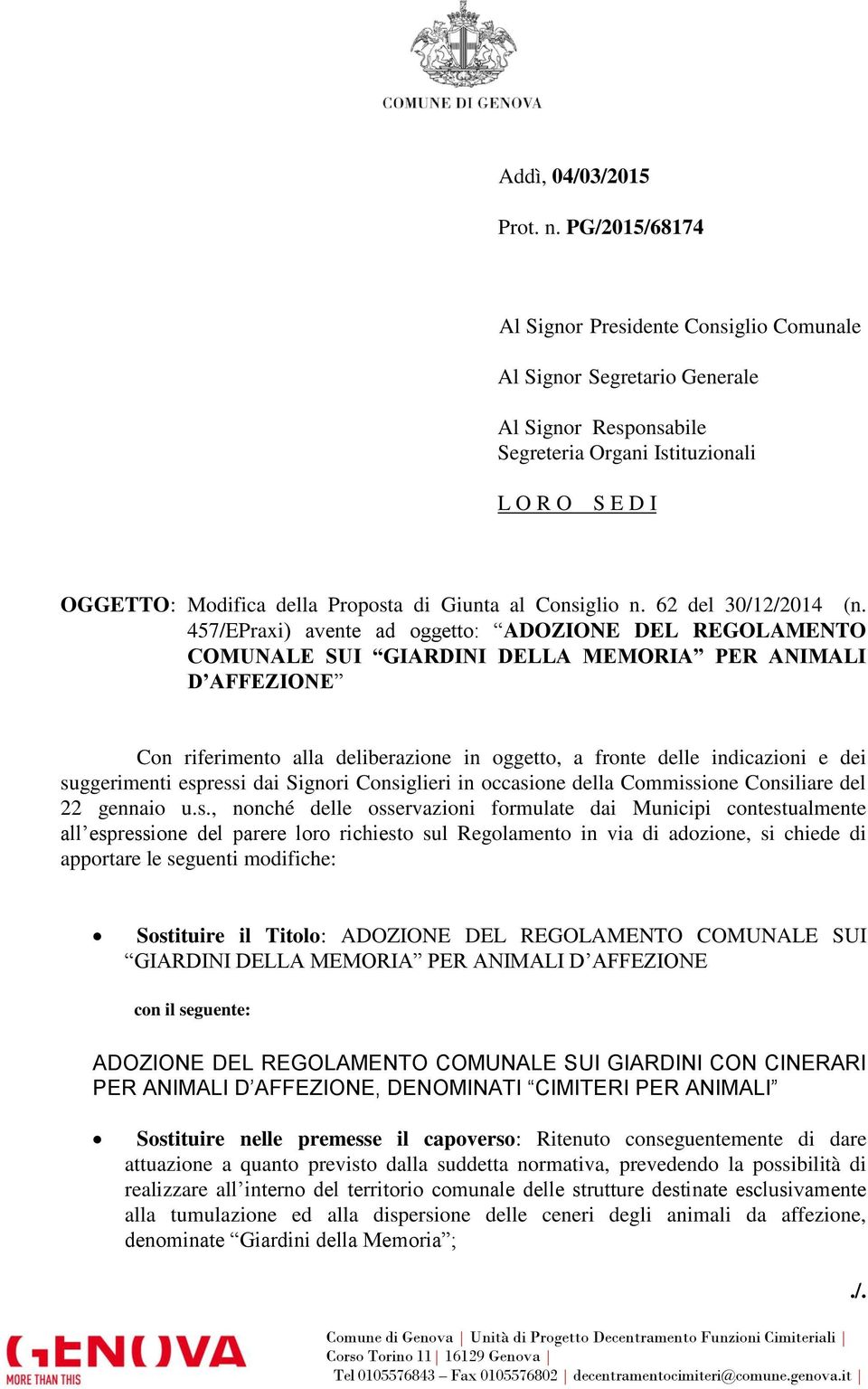 al Consiglio n. 62 del 30/12/2014 (n.