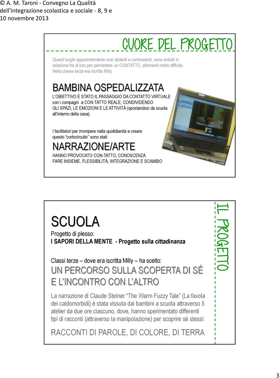 Nella classe terza era iscritta Milly, I facilitatori per irrompere nella quotidianità e creare questo cortocircuito sono stati: NARRAZIONE/ARTE HANNO PROVOCATO CON-TATTO, CONOSCENZA FARE INSIEME,