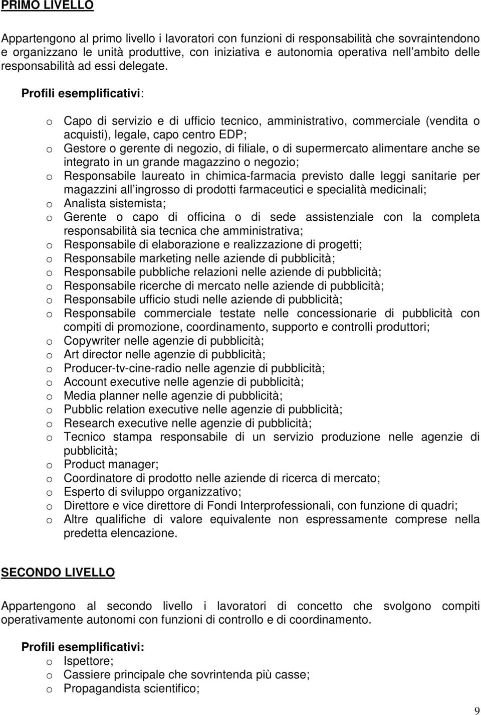 Profili esemplificativi: o Capo di servizio e di ufficio tecnico, amministrativo, commerciale (vendita o acquisti), legale, capo centro EDP; o Gestore o gerente di negozio, di filiale, o di