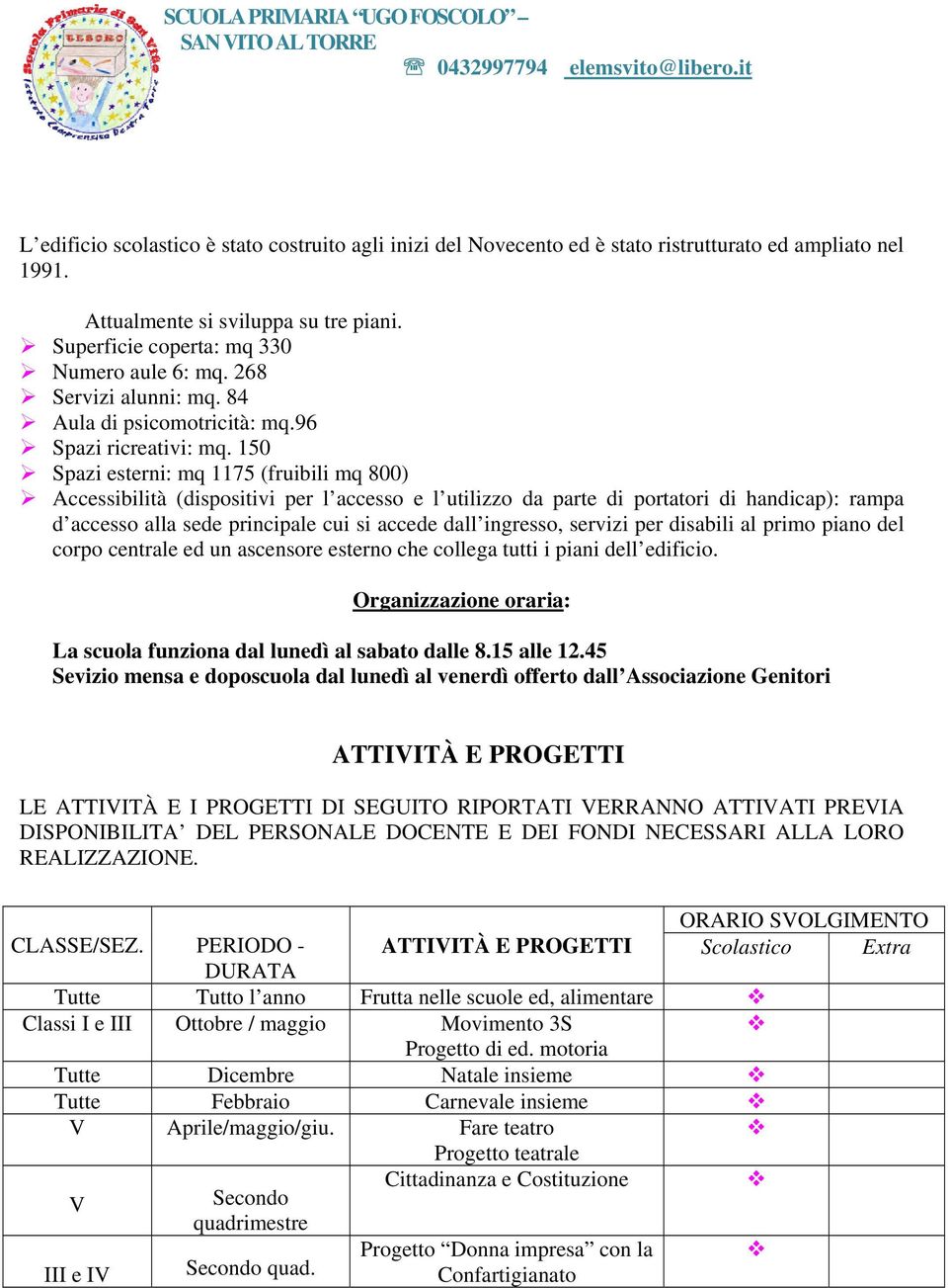 150 Spazi esterni: mq 1175 (fruibili mq 800) Accessibilità (dispositivi per l accesso e l utilizzo da parte di portatori di handicap): rampa d accesso alla sede principale cui si accede dall