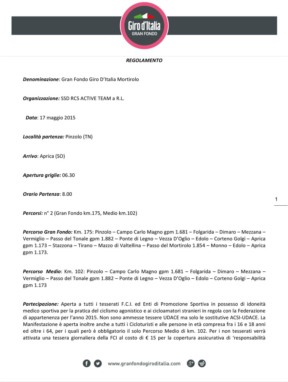 882 Ponte di Legno Vezza D Oglio Edolo Corteno Golgi Aprica gpm 1.173 Stazzona Tirano Mazzo di Valtellina Passo del Mortirolo 1.854 Monno Edolo Aprica gpm 1.173. Percorso Medio: Km.