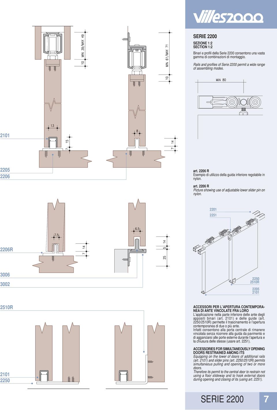 2201 2251 2206R 3006 3002 2250 2510R 2205 2510R 2250 ACCESSORI PER L APERTURA CONTEMPORA- NEA DI ANTE VINCOLATE FRA LORO L applicazione nella parte inferiore delle ante degli appositi binari (art.