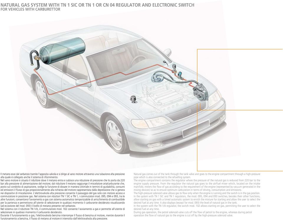 Nel vano motore è situato il riduttore dove il metano entra e subisce una riduzione di pressione che lo porta da 220 bar alla pressione di alimentazione del motore; dal riduttore il metano raggiunge