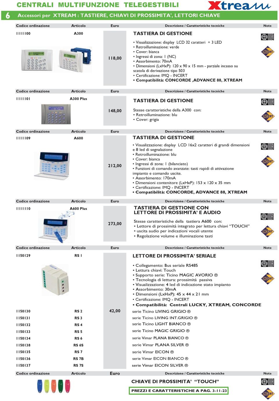 - INCERT Compatibilità: CONCORDE,ADVANCE 88, XTREAM 1111101 A300 Plus TASTIERA DI GESTIONE 148,00 Stesse caratteristiche della A300 con: Retroilluminazione: blu Cover: grigia 1111109 A600 1111110