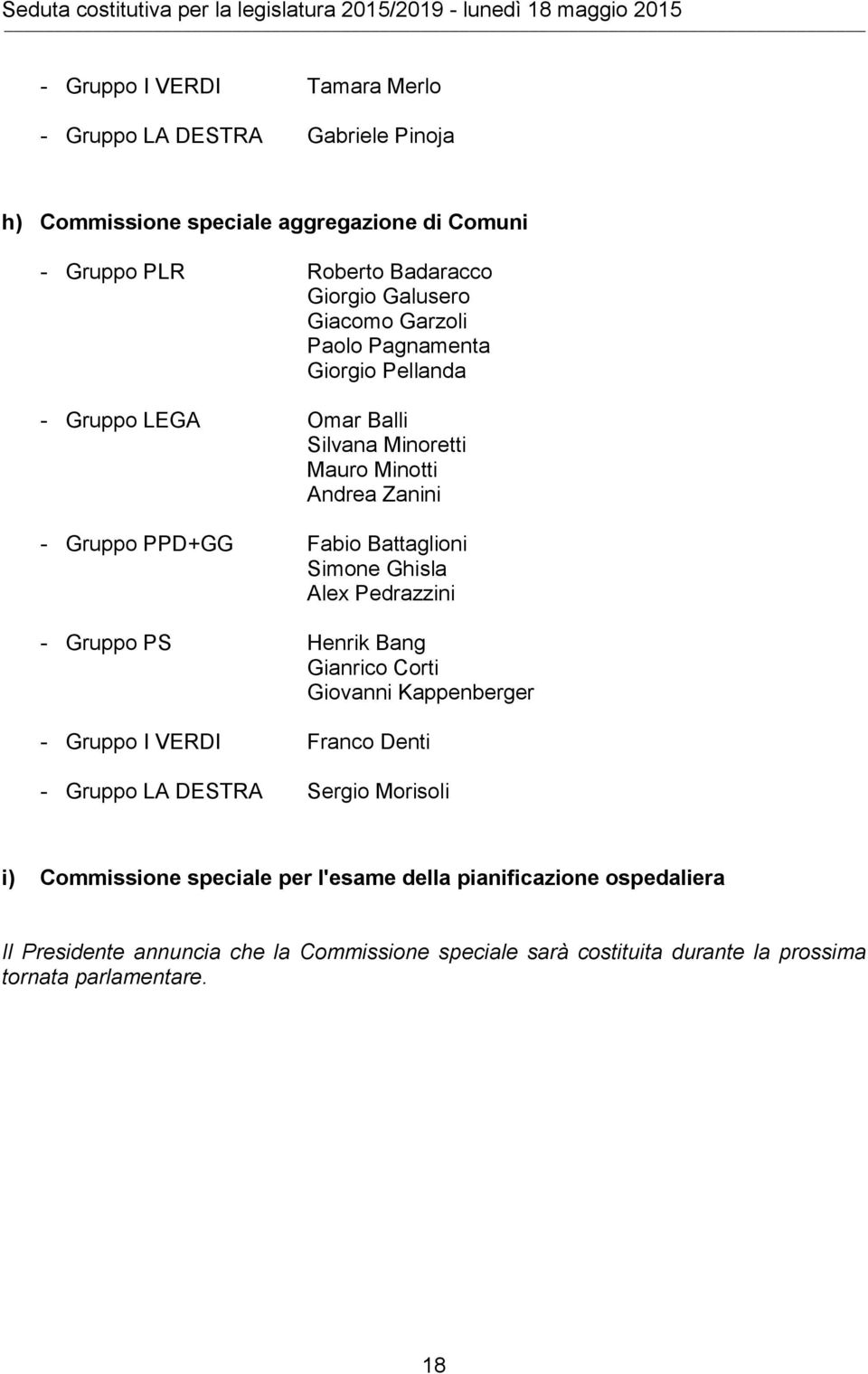 Gruppo PPD+GG Fabio Battaglioni Simone Ghisla Alex Pedrazzini - Gruppo PS Henrik Bang Gianrico Corti Giovanni Kappenberger - Gruppo I VERDI Franco Denti - Gruppo LA DESTRA Sergio