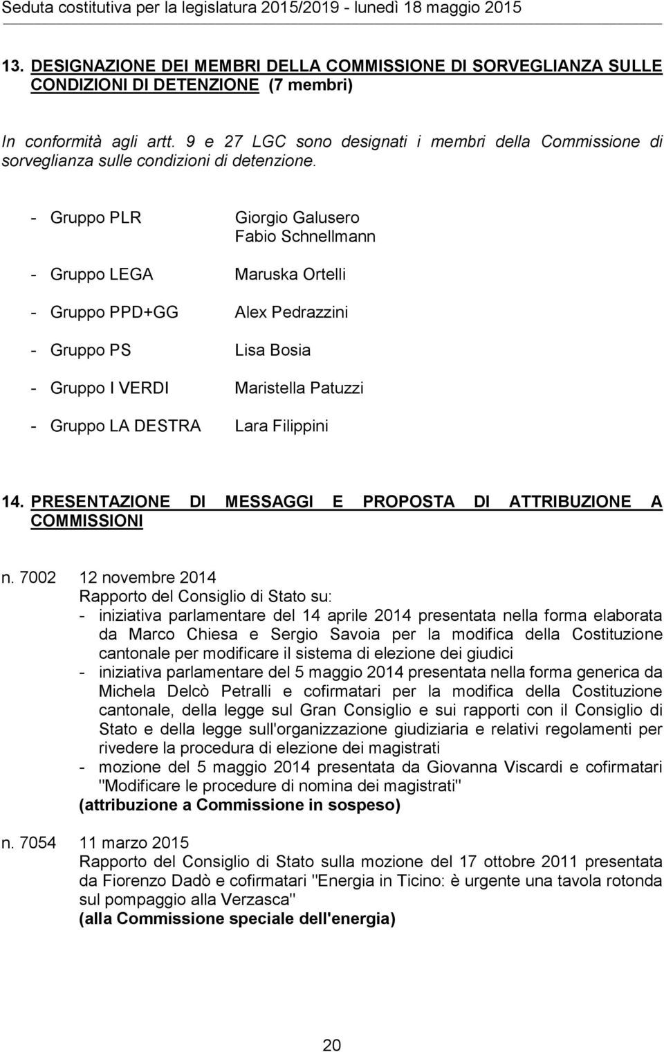 - Gruppo PLR Giorgio Galusero Fabio Schnellmann - Gruppo LEGA Maruska Ortelli - Gruppo PPD+GG Alex Pedrazzini - Gruppo PS Lisa Bosia - Gruppo I VERDI Maristella Patuzzi - Gruppo LA DESTRA Lara