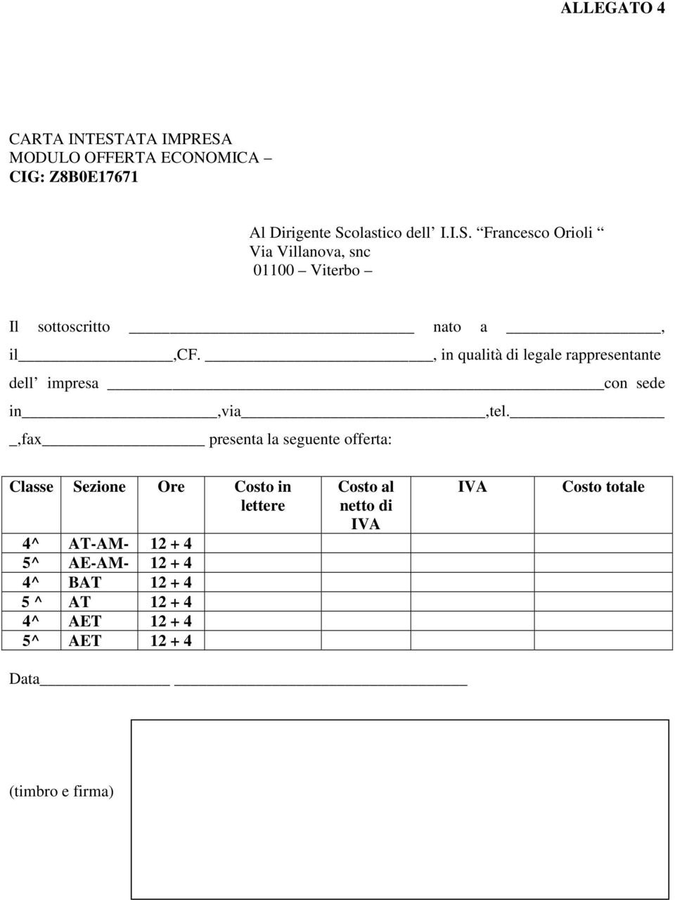 ,fax presenta la seguente offerta: Classe Sezione Ore Costo in lettere 4^ AT-AM- 12 + 4 5^ AE-AM- 12 + 4 4^ BAT 12 + 4 5