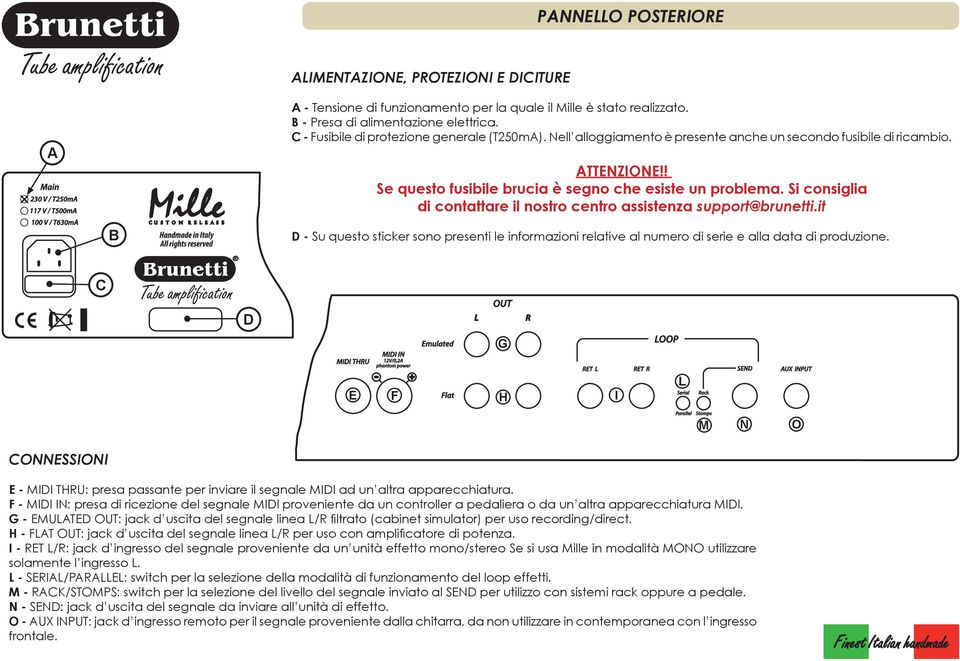 Si consiglia di contattare il nostro centro assistenza support@brunetti.it B D - Su questo sticker sono presenti le informazioni relative al numero di serie e alla data di produzione.