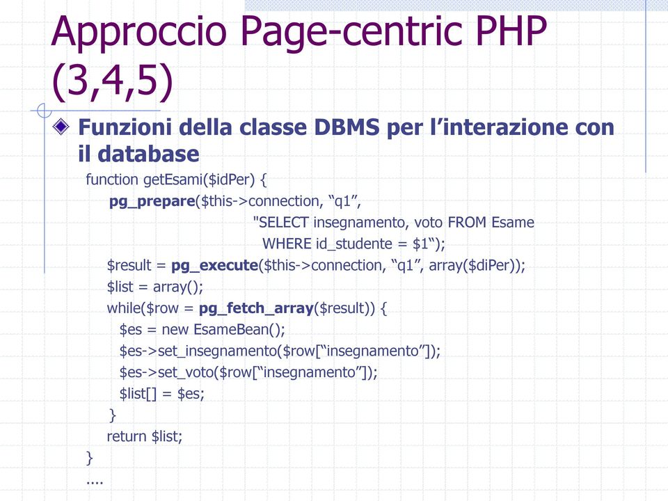 .. pg_prepare($this->connection, q1, "SELECT insegnamento, voto FROM Esame WHERE id_studente = $1 ); $result =
