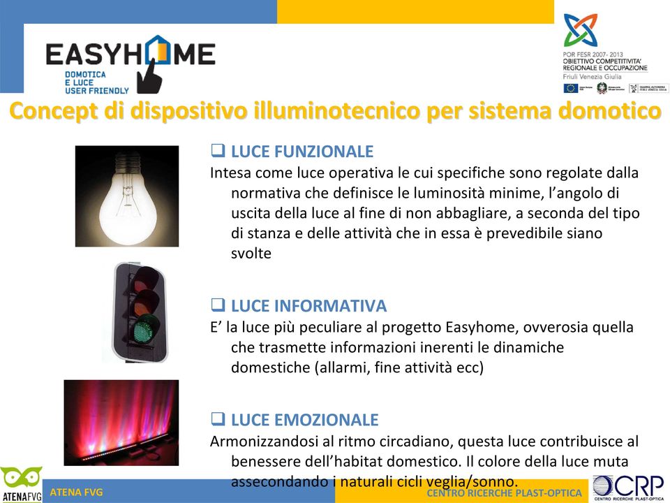 più peculiare al progetto Easyhome, ovverosia quella che trasmette informazioni inerenti le dinamiche domestiche (allarmi, fine attività ecc) ATENA FVG LUCE EMOZIONALE