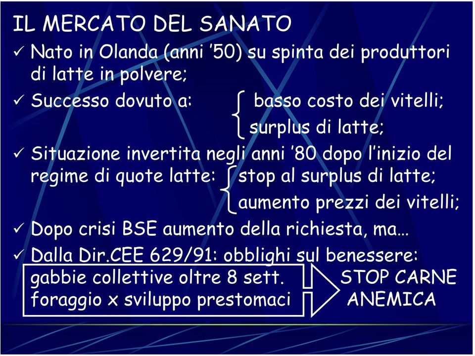 latte: stop al surplus di latte; aumento prezzi dei vitelli; Dopo crisi BSE aumento della richiesta, ma Dalla Dir.