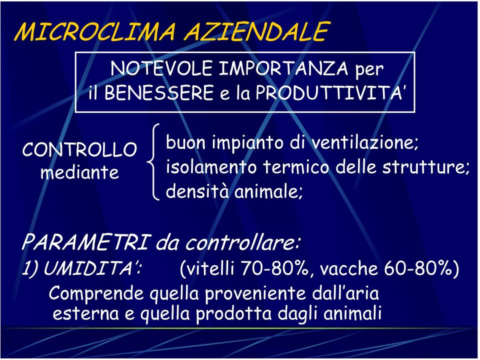 strutture; densità animale; PARAMETRI da controllare: 1) UMIDITA : (vitelli