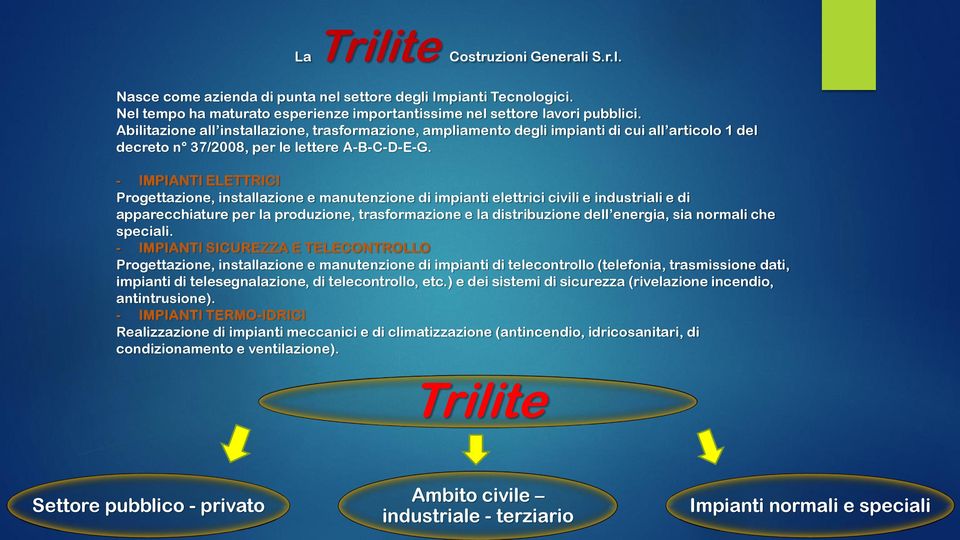 - IMPIANTI ELETTRICI Progettazione, installazione e manutenzione di impianti elettrici civili e industriali e di apparecchiature per la produzione, trasformazione e la distribuzione dell energia, sia