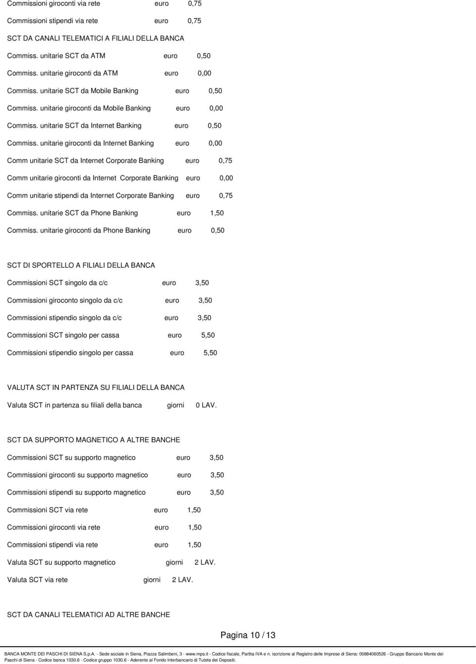 unitarie SCT da Internet Banking euro 0,50 Commiss.