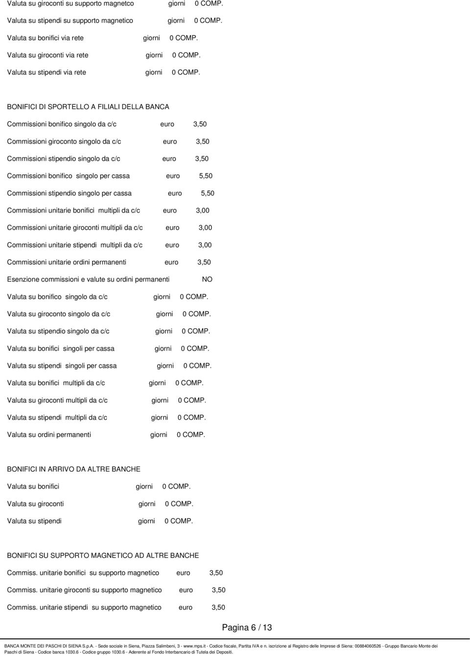 BONIFICI DI SPORTELLO A FILIALI DELLA BANCA Commissioni bonifico singolo da c/c euro 3,50 Commissioni giroconto singolo da c/c euro 3,50 Commissioni stipendio singolo da c/c euro 3,50 Commissioni