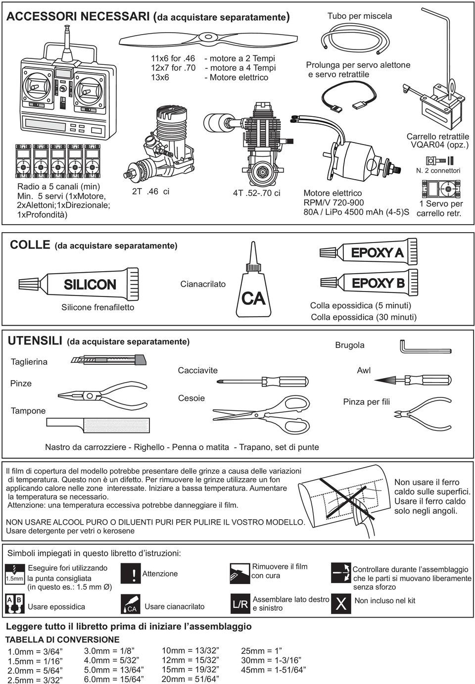 5 servi (1xMotore, 2xlettoni;1xDirezionale; 1xProfondità) 2T.46 ci 4T.52-.70 ci Motore elettrico RPM/V 720-900 80 / LiPo 4500 mh (4-5)S 1 Servo per carrello retr.