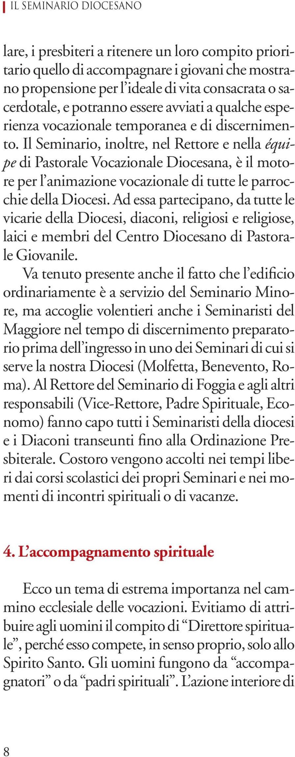 Il Seminario, inoltre, nel Rettore e nella équipe di Pastorale Vocazionale Diocesana, è il motore per l animazione vocazionale di tutte le parrocchie della Diocesi.