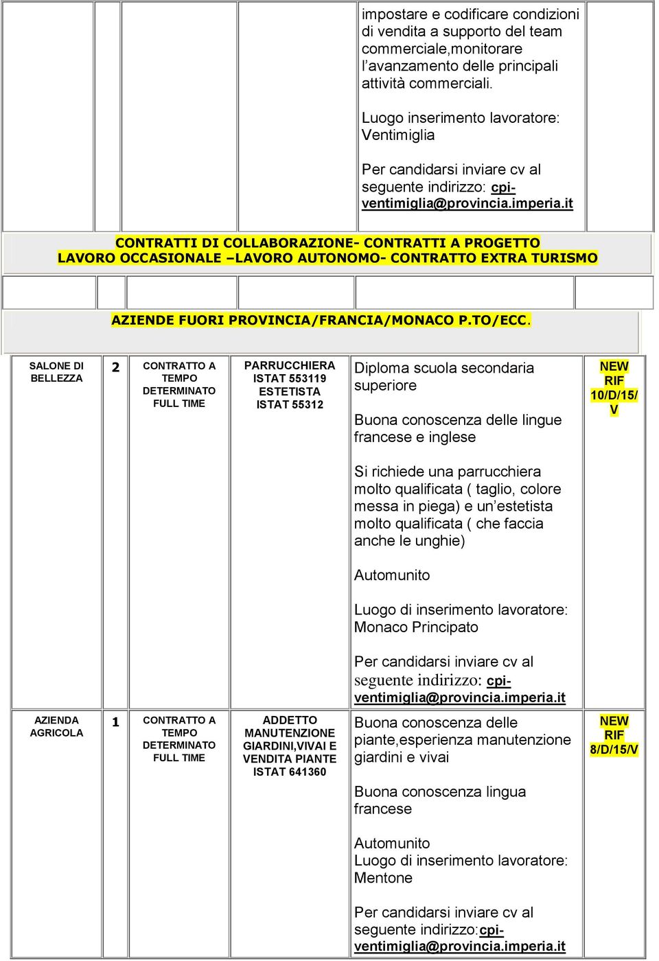 SALONE DI BELLEZZA 2 CONTRATTO A PARRUCCHIERA ISTAT 553119 ESTETISTA ISTAT 55312 Diploma scuola secondaria superiore Buona conoscenza delle lingue francese e inglese NEW 10/D/15/ V Si richiede una