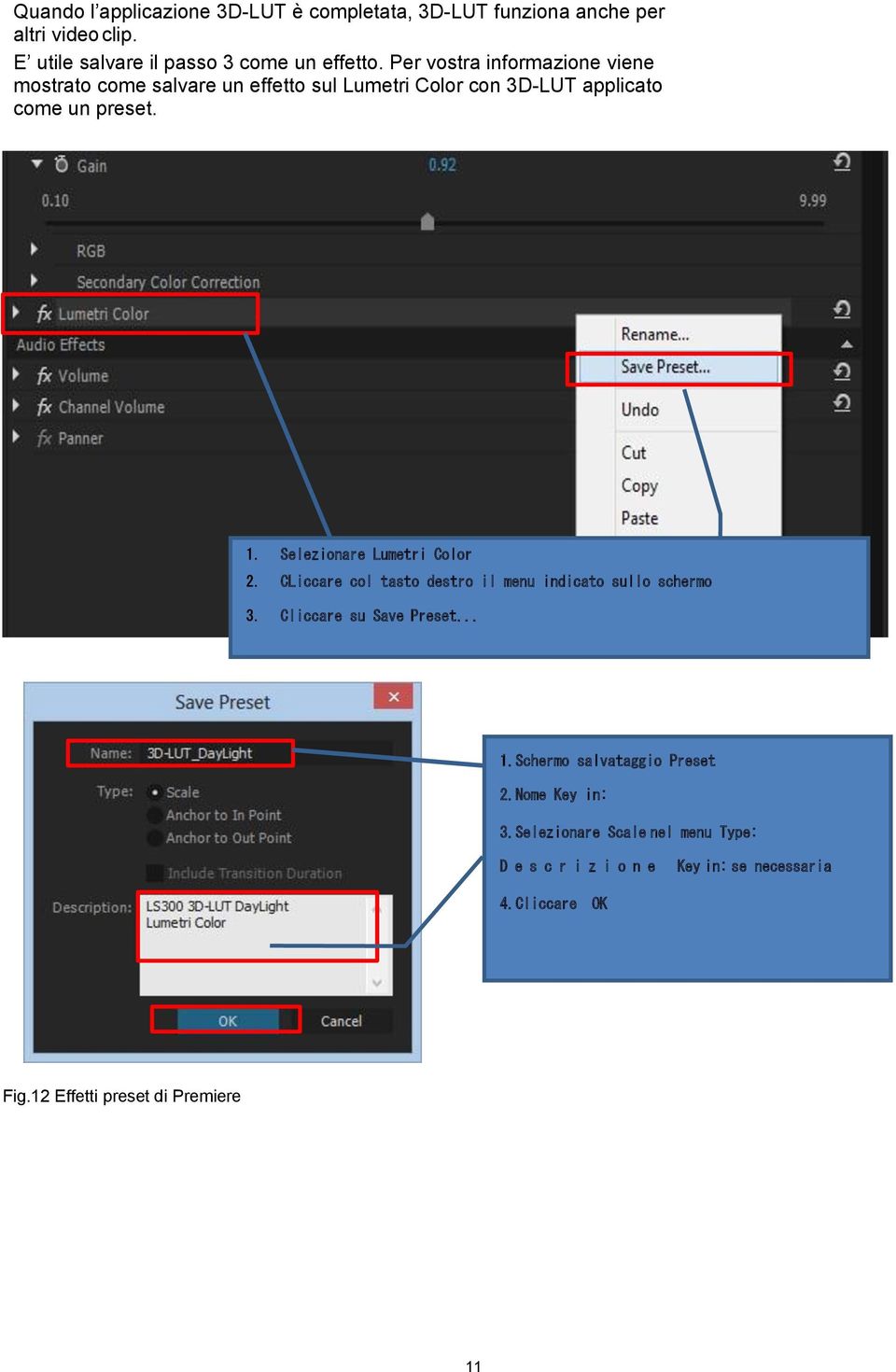 Selezionare Lumetri Color CLiccare col tasto destro il menu indicato sullo schermo Cliccare su Save Preset... 1.