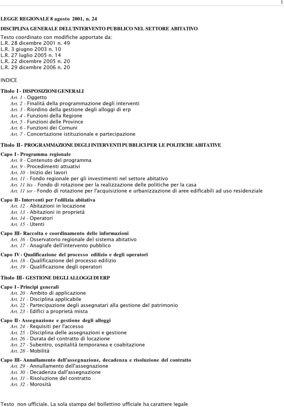 2 - Finalità della programmazione degli interventi Art. 3 - Riordino della gestione degli alloggi di erp Art. 4 - Funzioni della Regione Art. 5 - Funzioni delle Province Art.