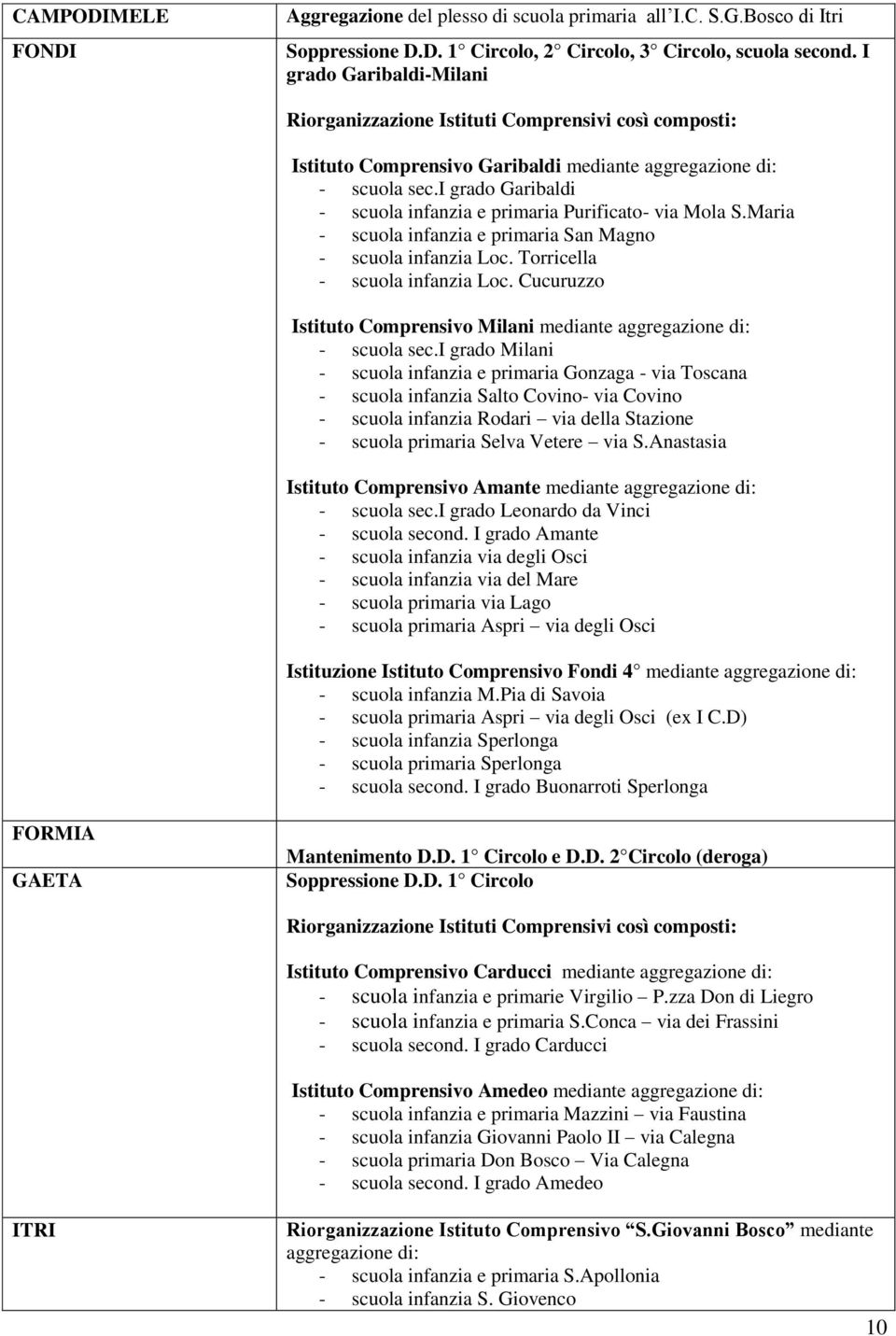 Garibaldi - scuola infanzia e primaria Purificato- via Mola S.Maria - scuola infanzia e primaria San Magno - scuola infanzia Loc. Torricella - scuola infanzia Loc.