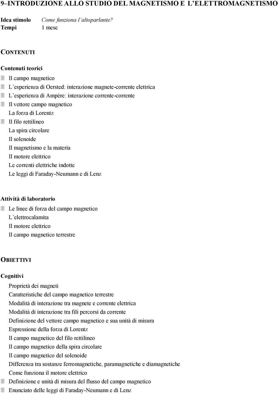 La forza di Lorentz Il filo rettilineo La spira circolare Il solenoide Il magnetismo e la materia Il motore elettrico Le correnti elettriche indotte Le leggi di Faraday-Neumann e di Lenz Le linee di