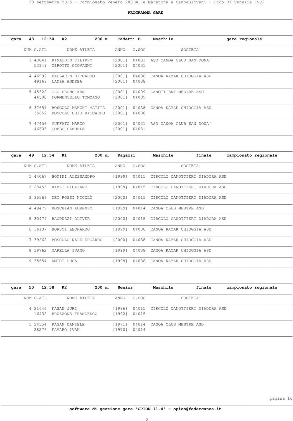 ANDREA [21] 438 5 45322 CHO SEONG AHN [21] 49 CANOTTIERI MESTRE ASD 4458 FORMENTELLO TOMMASO [21] 49 6 37651 BOSCOLO MARCHI MATTIA [21] 438 CANOA KAYAK CHIOGGIA ASD 35652 BOSCOLO CHIO RICCARDO [21]