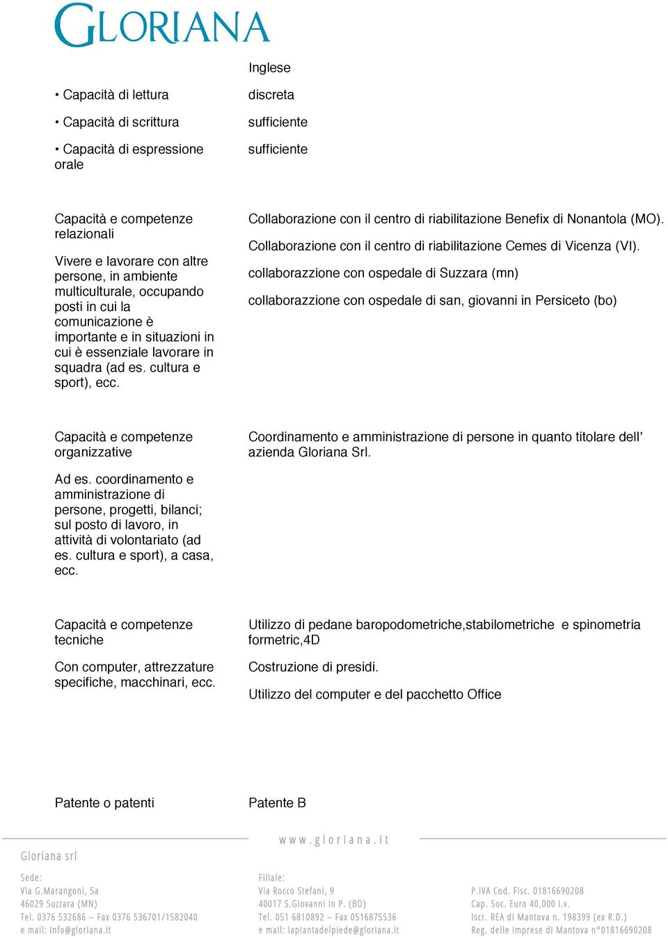 Collaborazione con il centro di riabilitazione Benefix di Nonantola (MO). Collaborazione con il centro di riabilitazione Cemes di Vicenza (VI).