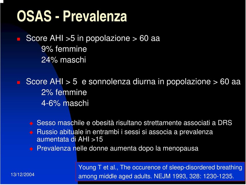 abituale in entrambi i sessi si associa a prevalenza aumentata di AHI >15 Prevalenza nelle donne aumenta dopo la