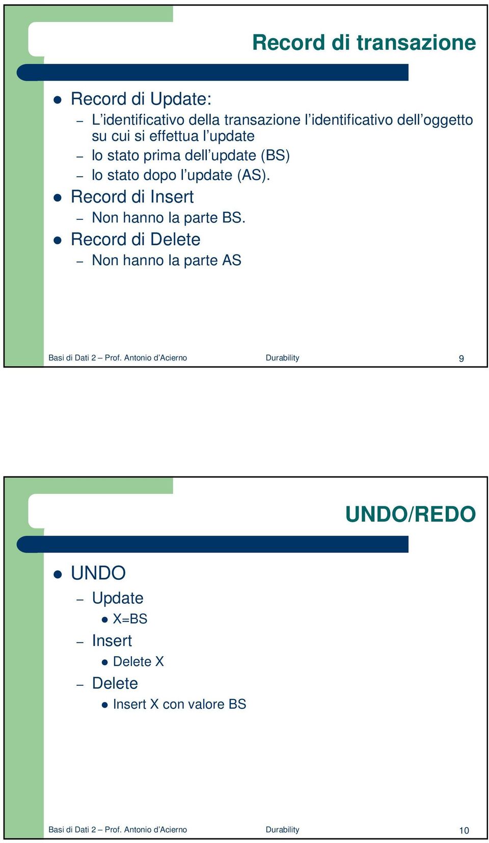 Record di Insert Non hanno la parte BS. Record di Delete Non hanno la parte AS Basi di Dati 2 Prof.