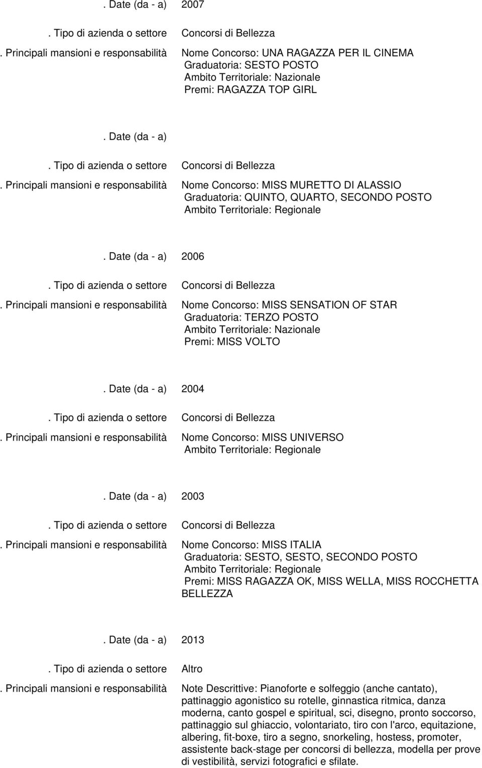 Nazionale Premi: MISS VOLTO 2004 Concorsi di Bellezza Nome Concorso: MISS UNIVERSO Ambito Territoriale: Regionale 2003 Concorsi di Bellezza Nome Concorso: MISS ITALIA Graduatoria: SESTO, SESTO,