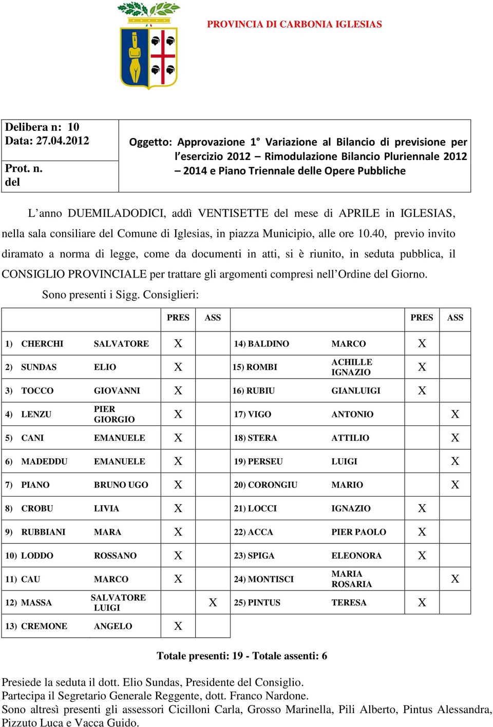 del Oggetto: Approvazione 1 Variazione al Bilancio di previsione per l esercizio 2012 Rimodulazione Bilancio Pluriennale 2012 2014 e Piano Triennale delle Opere Pubbliche L anno DUEMILADODICI, addì