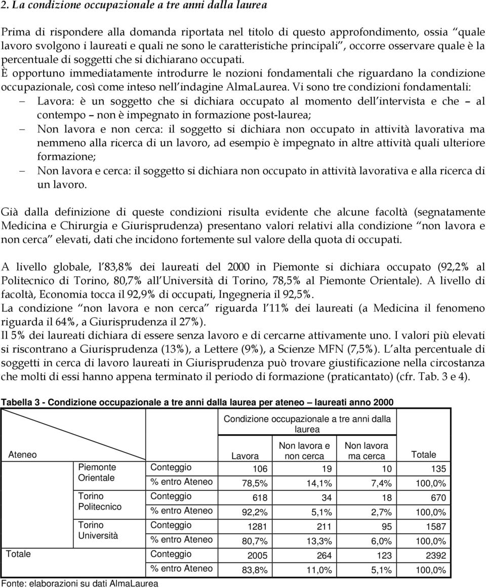 È opportuno immediatamente introdurre le nozioni fondamentali che riguardano la condizione occupazionale, così come inteso nell indagine AlmaLaurea.