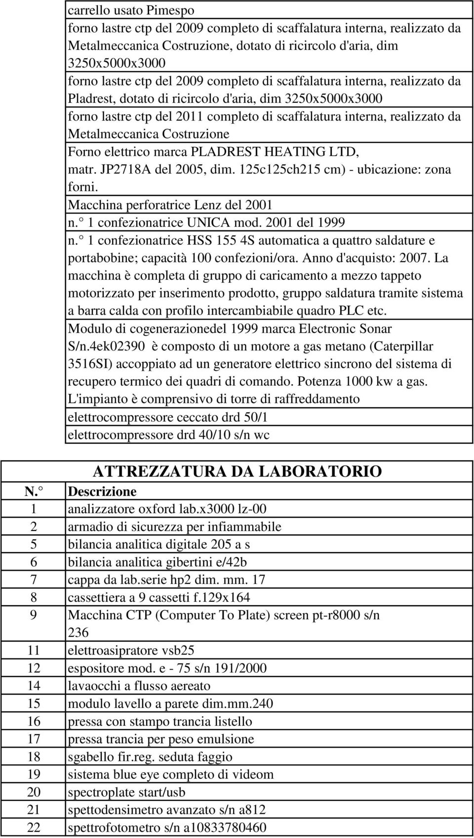 Costruzione Forno elettrico marca PLADREST HEATING LTD, matr. JP2718A del 2005, dim. 125c125ch215 cm) - ubicazione: zona forni. Macchina perforatrice Lenz del 2001 n. 1 confezionatrice UNICA mod.