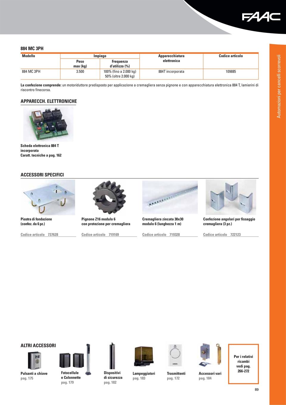 ELETTRONICHE Automazioni per cancelli scorrevoli Scheda elettronica 884 T incorporata Caratt. tecniche a pag. 162 ACCESSORI SPECIFICI Piastra di fondazione (confez. da 6 pz.