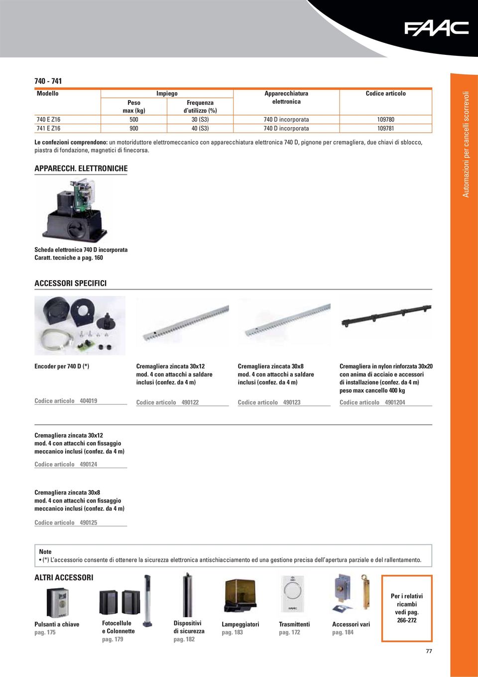 ELETTRONICHE Automazioni per cancelli scorrevoli Scheda elettronica 740 D incorporata Caratt. tecniche a pag.