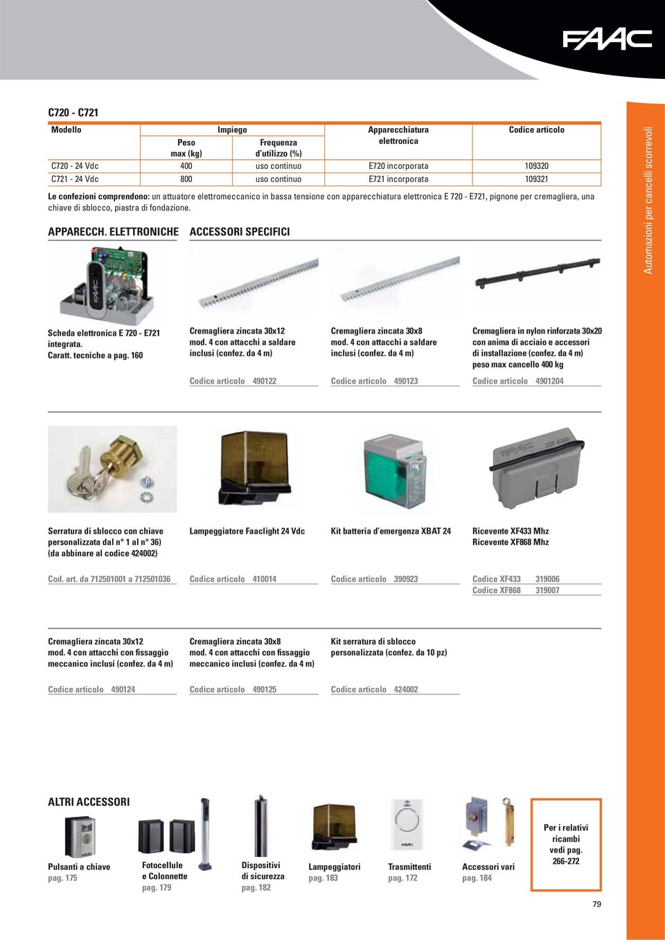 fondazione. APPARECCH. ELETTRONICHE ACCESSORI SPECIFICI Automazioni per cancelli scorrevoli Scheda elettronica E 720 - E721 integrata. Caratt. tecniche a pag. 160 Cremagliera zincata 30x12 mod.