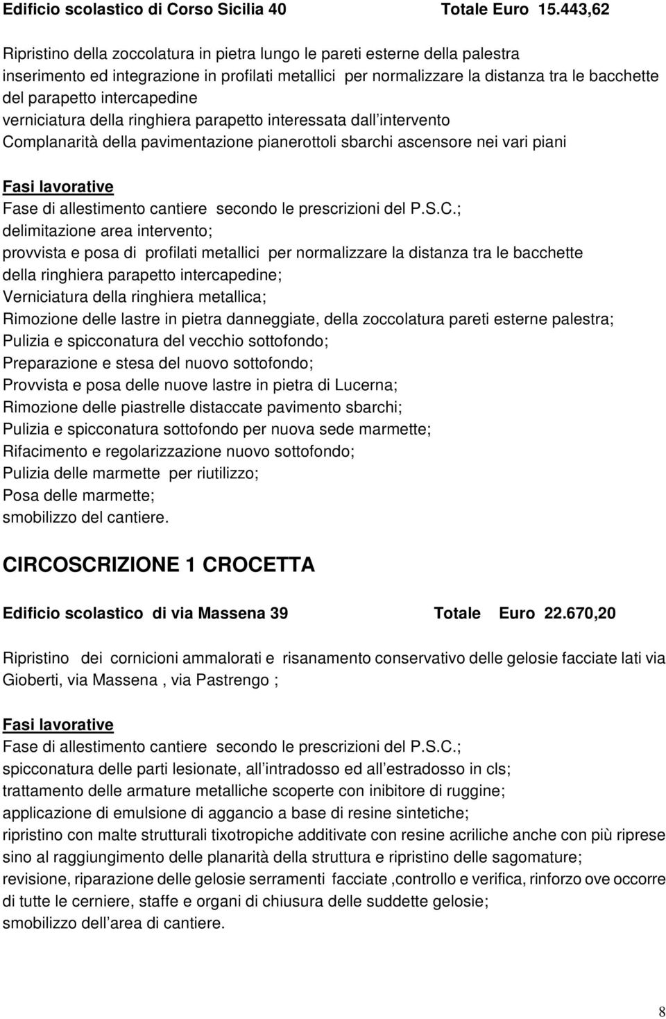 intercapedine verniciatura della ringhiera parapetto interessata dall intervento Complanarità della pavimentazione pianerottoli sbarchi ascensore nei vari piani Fasi lavorative Fase di allestimento