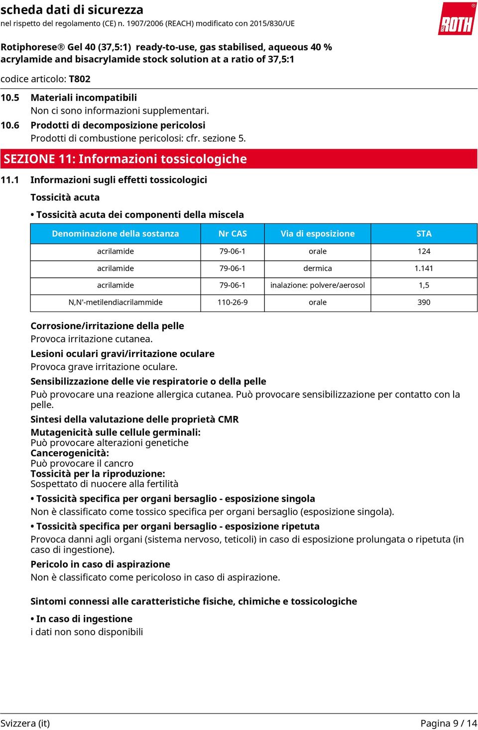 1 Informazioni sugli effetti tossicologici Tossicità acuta Tossicità acuta dei componenti della miscela Denominazione della sostanza Nr CAS Via di esposizione STA acrilamide 79-06-1 orale 124