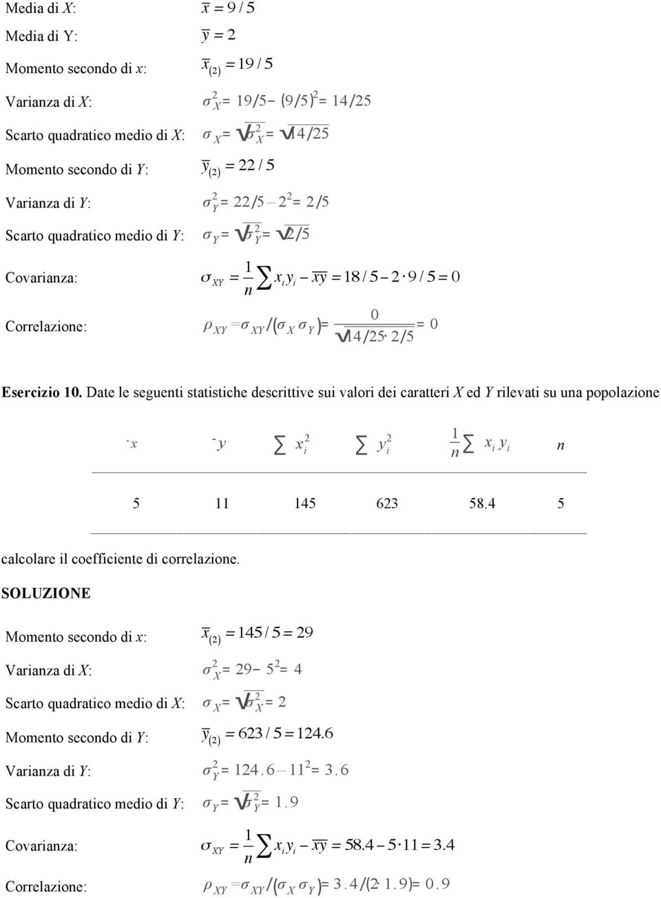 Date le segueti statistiche descrittive sui valori dei caratteri X ed rilevati su ua popolazioe x y x i 2 y i 2 1 x i y i 5 11 145 623 58.4 5 calcolare il coefficiete di correlazioe.