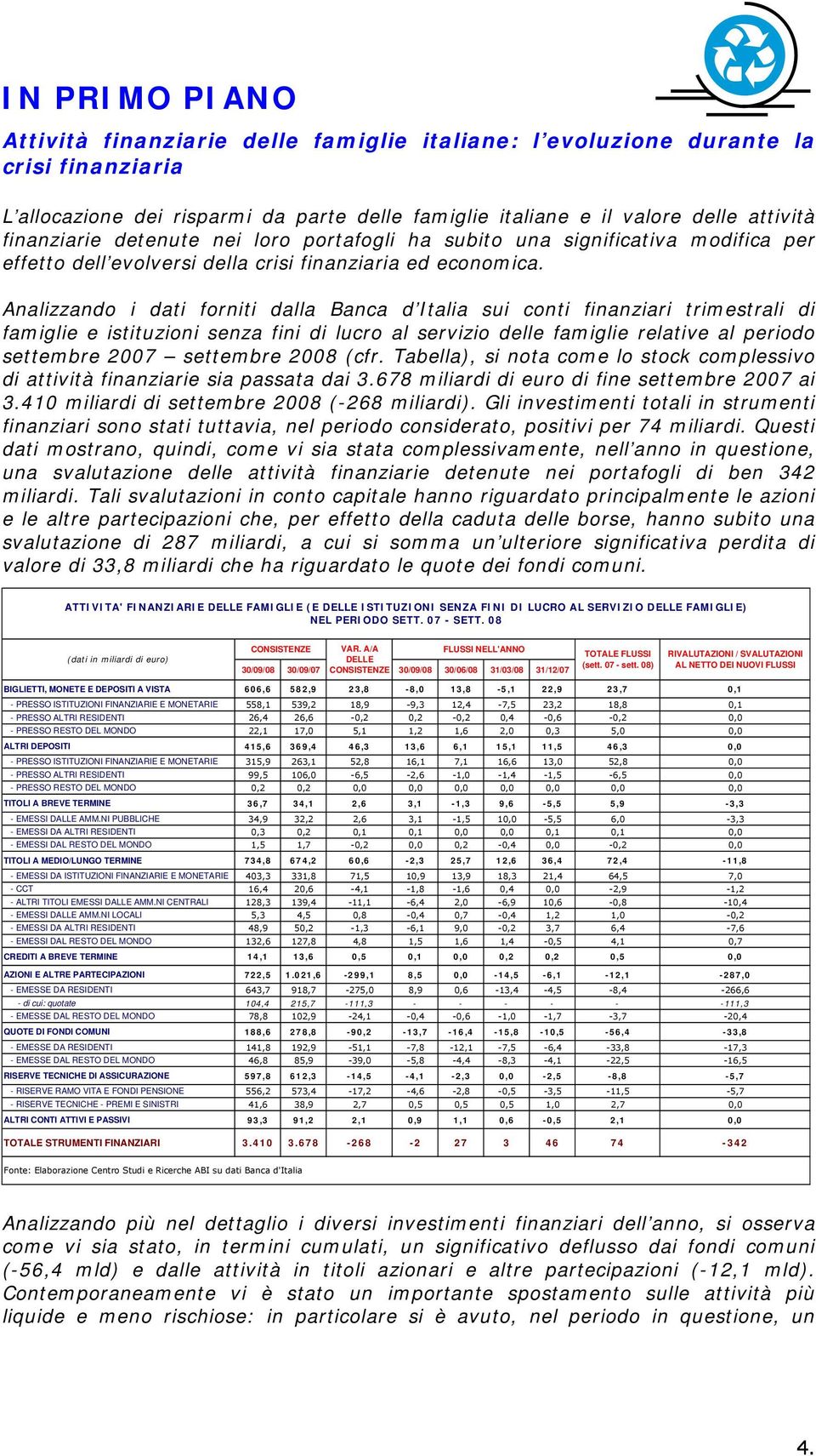 Analizzando i dati forniti dalla Banca d Italia sui conti finanziari trimestrali di famiglie e istituzioni senza fini di lucro al servizio delle famiglie relative al periodo settembre 2007 settembre