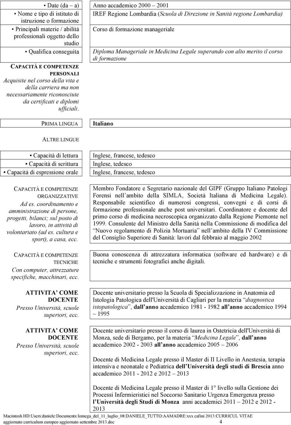 ufficiali. PRIMA LINGUA Italiano ALTRE LINGUE Capacità di lettura Capacità di scrittura Capacità di espressione orale ORGANIZZATIVE Ad es.