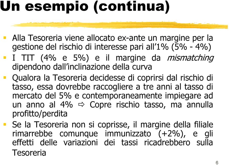 raccogliere a tre anni al tasso di mercato del 5% e contemporaneamente impiegare ad un anno al 4% Copre rischio tasso, ma annulla profitto/perdita Se la