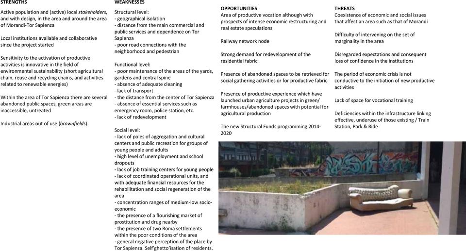 to renewable energies) Within the area of Tor Sapienza there are several abandoned public spaces, green areas are inaccessible, untreated Industrial areas out of use (brownfields).