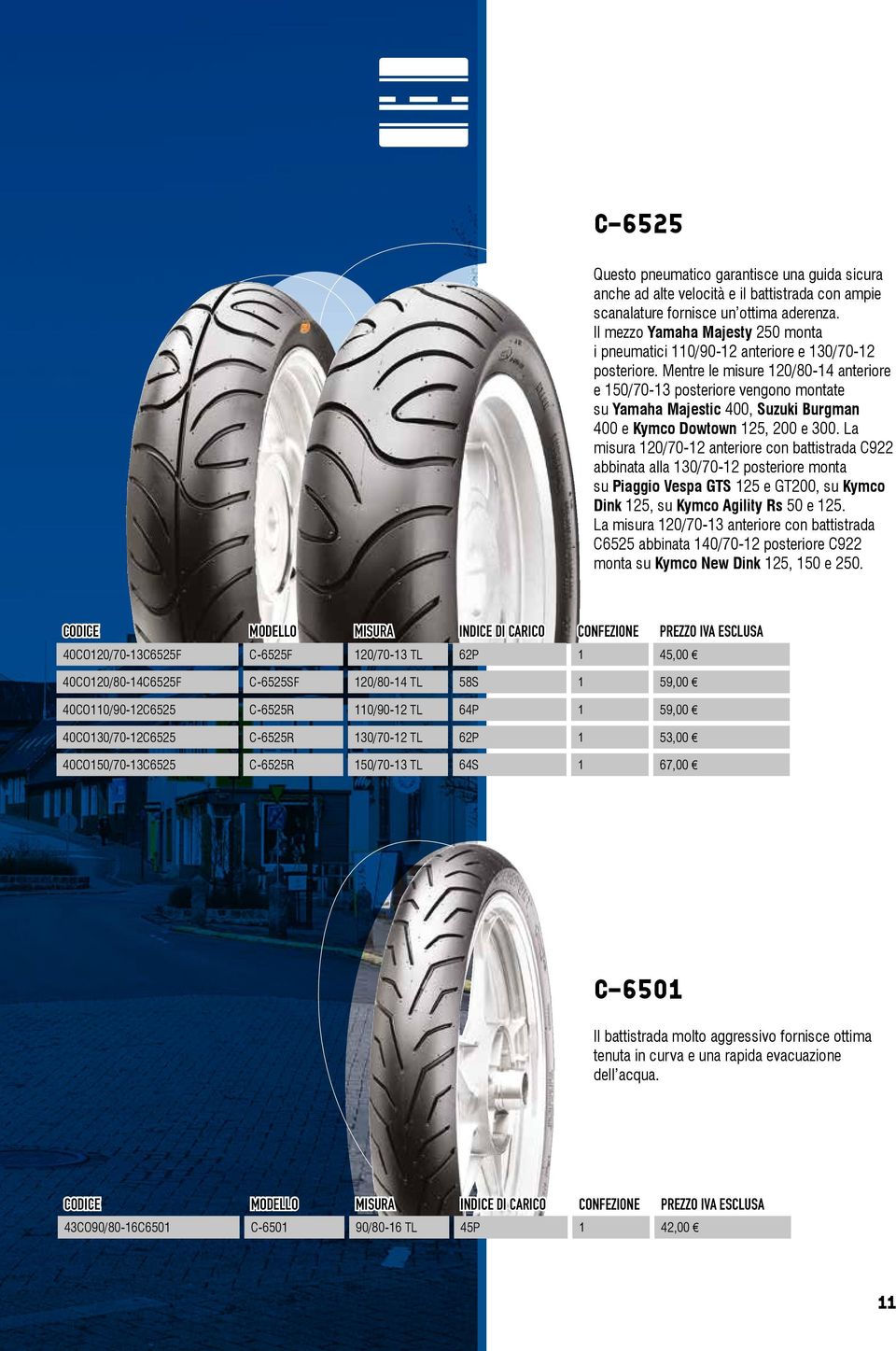 Mentre le misure 120/80-14 anteriore e 150/70-13 posteriore vengono montate su Yamaha Majestic 400, Suzuki Burgman 400 e Kymco Dowtown 125, 200 e 300.