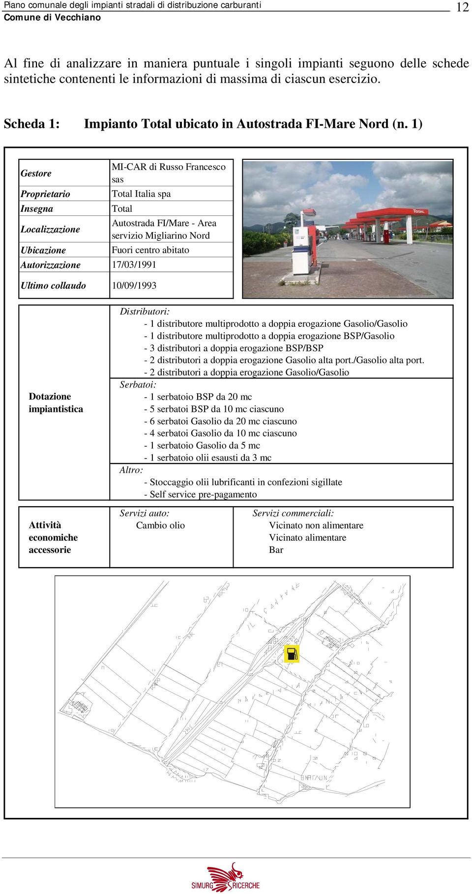 1) Gestore MI-CAR di Russo Francesco sas Proprietario Total Italia spa Insegna Total Localizzazione Autostrada FI/Mare - Area servizio Migliarino Nord Ubicazione Fuori centro abitato Autorizzazione