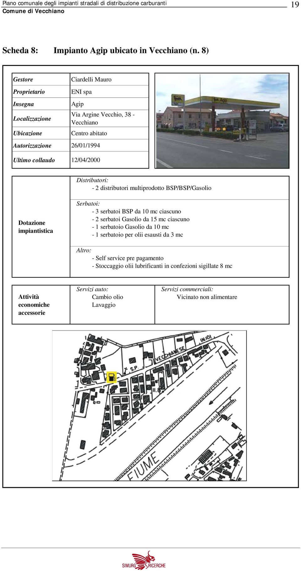 Vecchiano Centro abitato Distributori: - 2 distributori multiprodotto BSP/BSP/Gasolio Dotazione impiantistica Serbatoi: - 3 serbatoi BSP da 10 mc ciascuno - 2 serbatoi